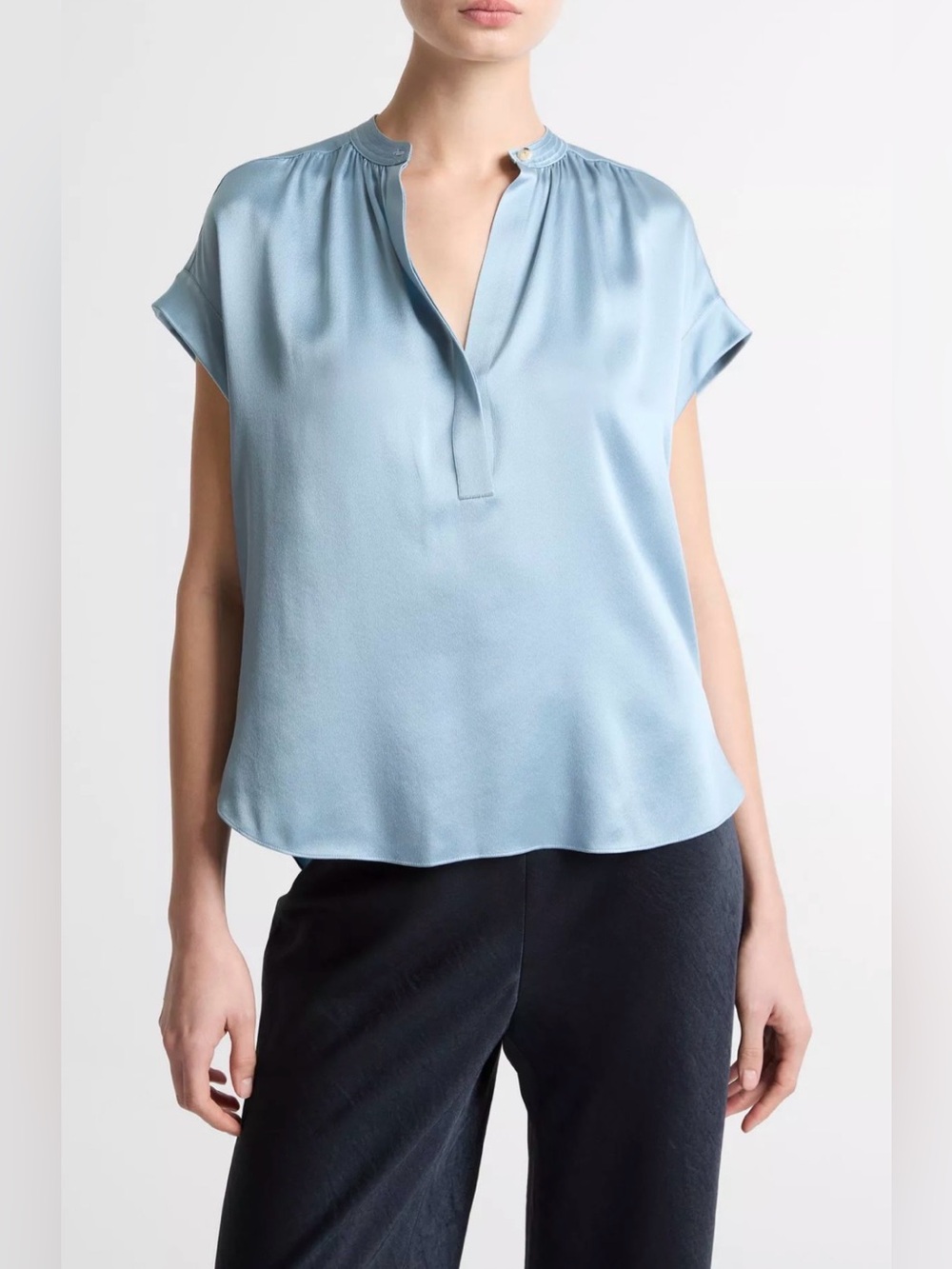 Vince Blue Silk Gathered Cap-Sleeve Blouse